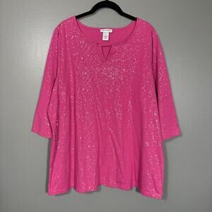 Catherines Pink & Silver Foil Metallic Casual Glam Top - 0X - Women's Plus Size